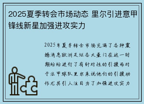 2025夏季转会市场动态 里尔引进意甲锋线新星加强进攻实力