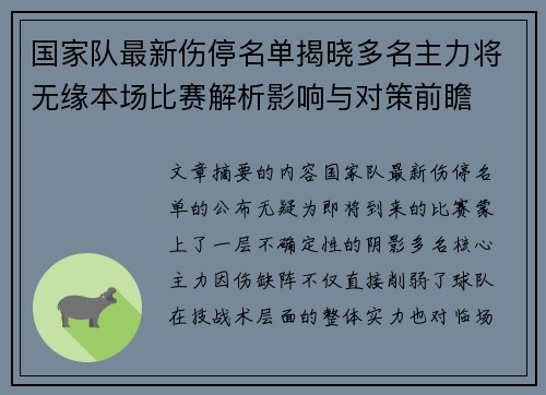 国家队最新伤停名单揭晓多名主力将无缘本场比赛解析影响与对策前瞻