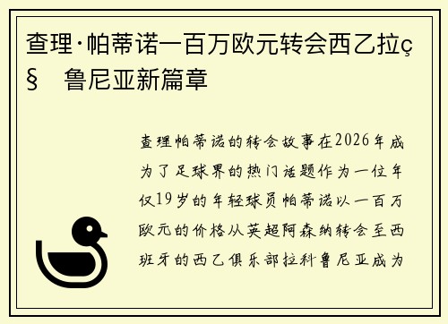 查理·帕蒂诺一百万欧元转会西乙拉科鲁尼亚新篇章