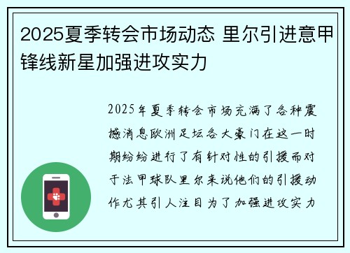 2025夏季转会市场动态 里尔引进意甲锋线新星加强进攻实力 2025夏季转会市场动态 里尔引进意甲锋线新星加强进攻实力